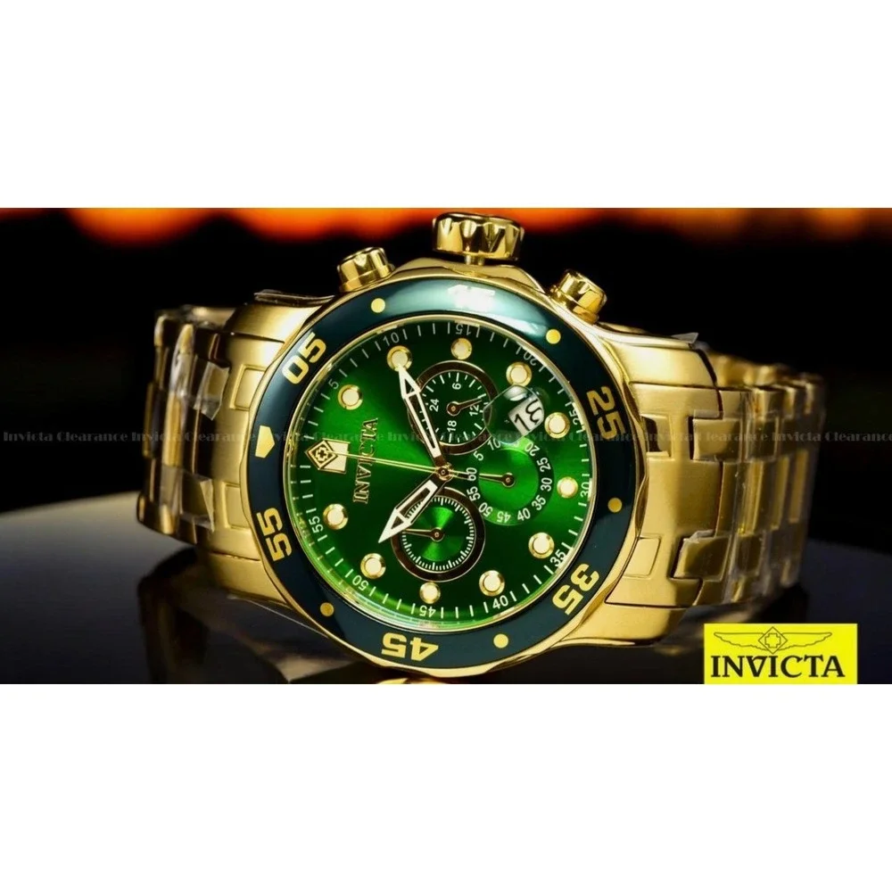 Mens Invicta Pro Diver Scuba 18kt Gold Plated Chronograph Green 48mm Watch